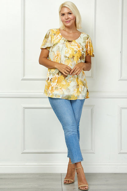 Dressbarn Premium | Flutter Sleeve Cutout Neck Pleat Blouse - Plus - Sage/Gold
