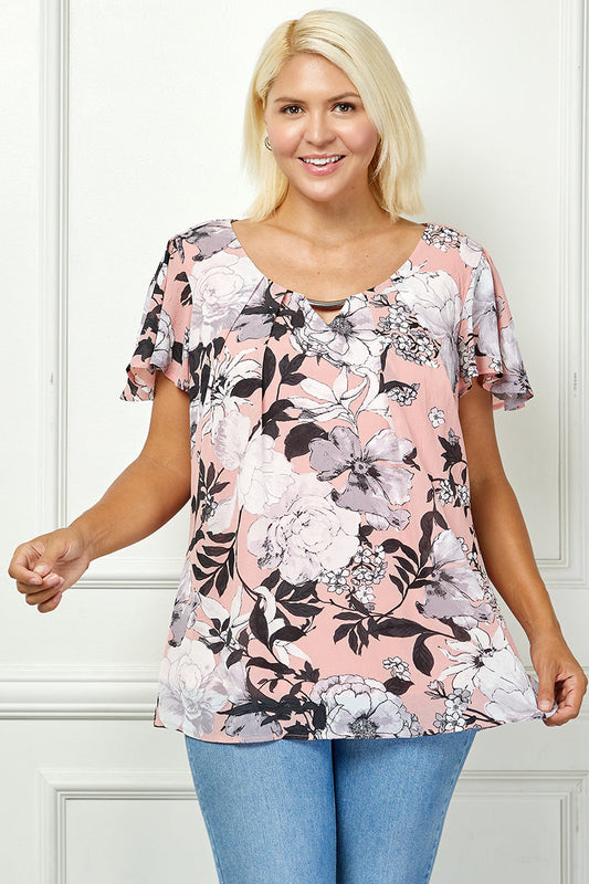 Dressbarn New | Flutter Sleeve Cutout Neck Pleat Blouse - Plus - Pink