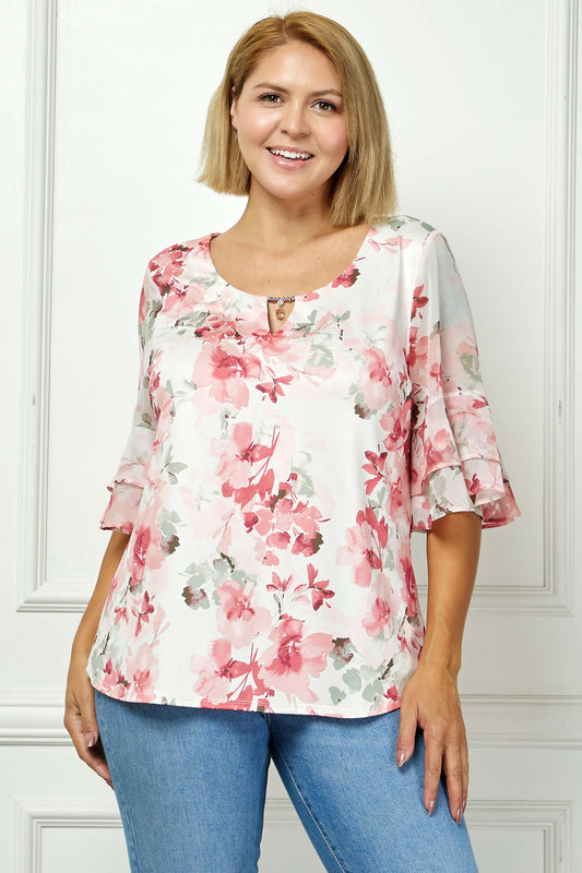 Dressbarn Popular | Double Ruffle Sleeve Cutout Neck Blouse - Plus