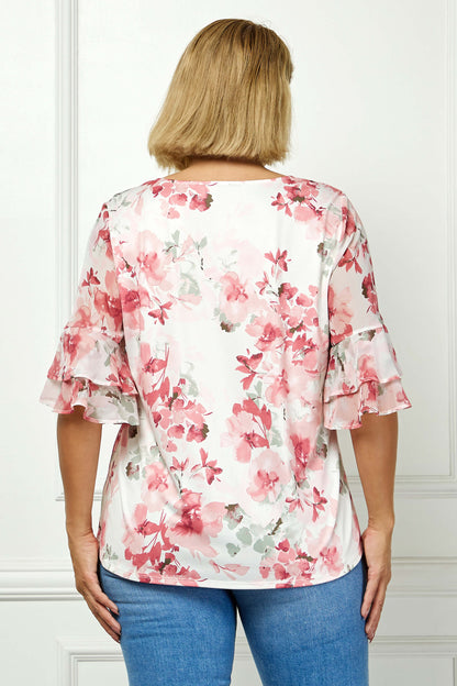 Dressbarn Popular | Double Ruffle Sleeve Cutout Neck Blouse - Plus