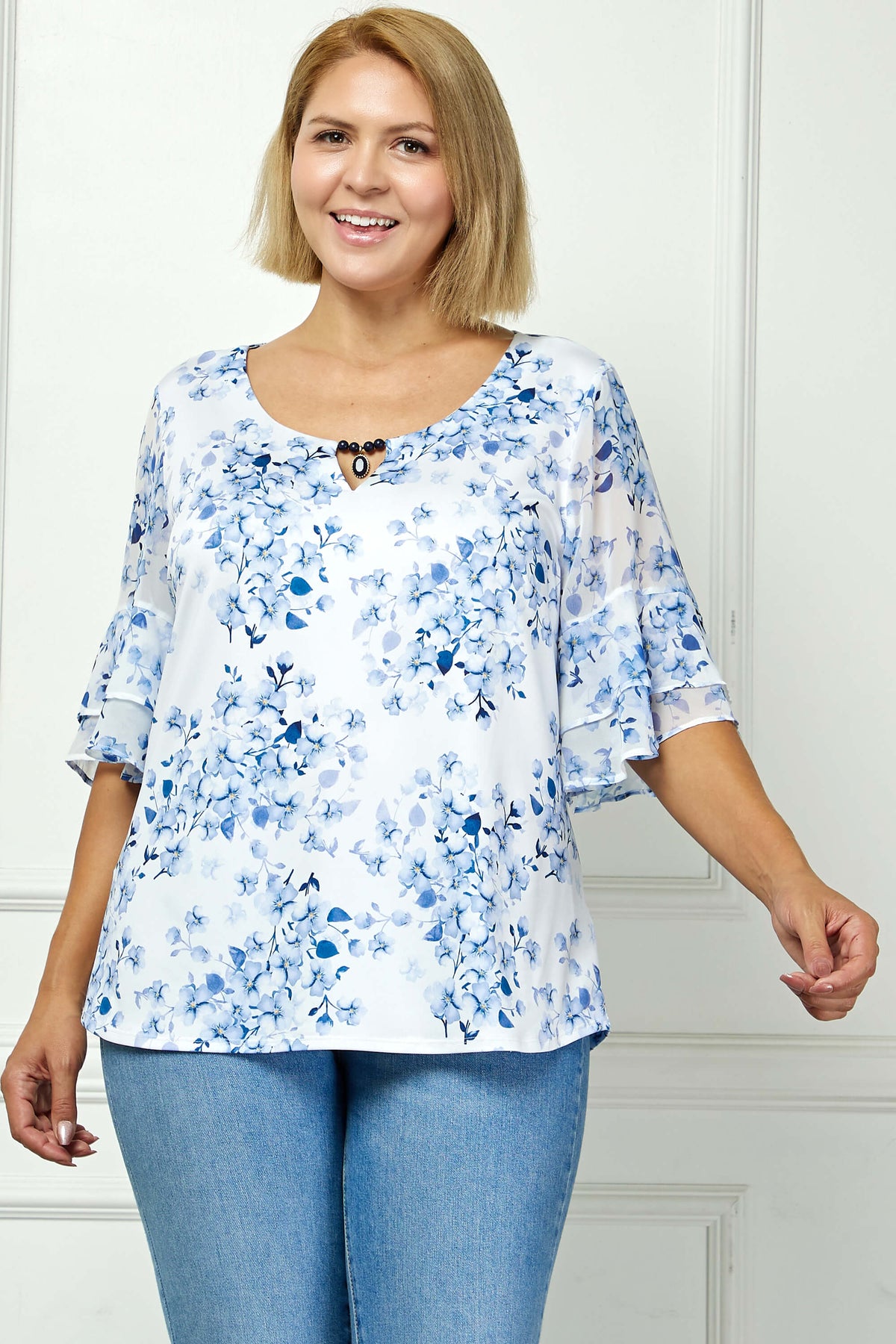 Dressbarn Trending | Double Ruffle Sleeve Cutout Neck Blouse in Ivory/Denim - Plus