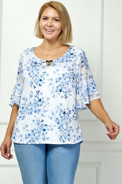 Dressbarn Trending | Double Ruffle Sleeve Cutout Neck Blouse in Ivory/Denim - Plus