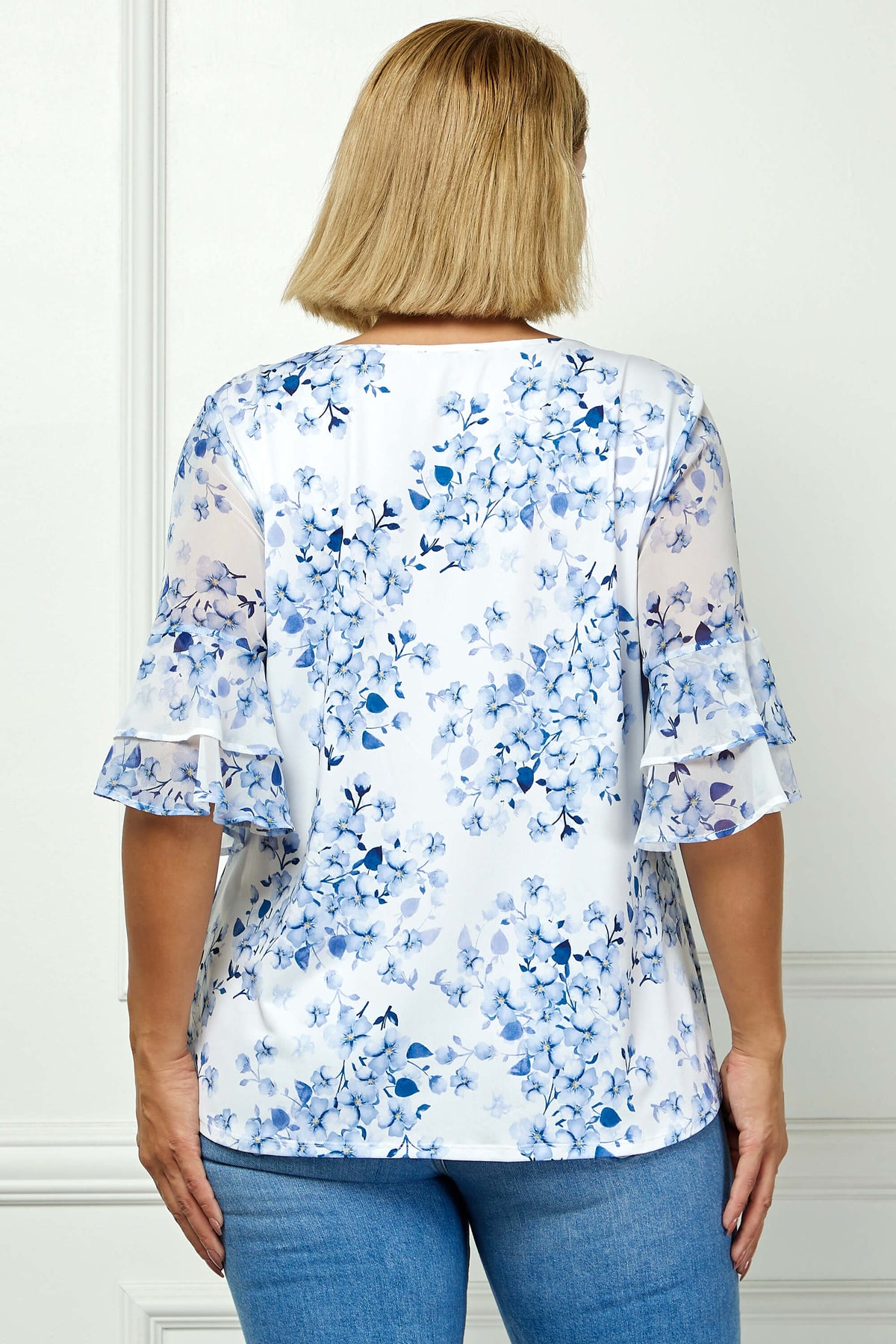 Dressbarn Trending | Double Ruffle Sleeve Cutout Neck Blouse in Ivory/Denim - Plus