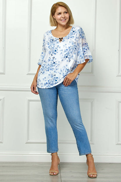 Dressbarn Trending | Double Ruffle Sleeve Cutout Neck Blouse in Ivory/Denim - Plus