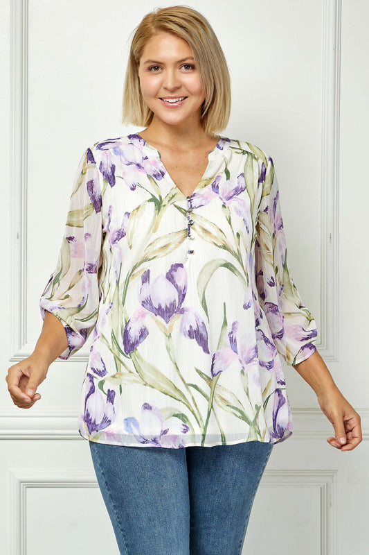 Dressbarn Recommended | 3/4 Button Tab Sleeve Mandarin Collar Popover Blouse - Plus - Cream/Lilac