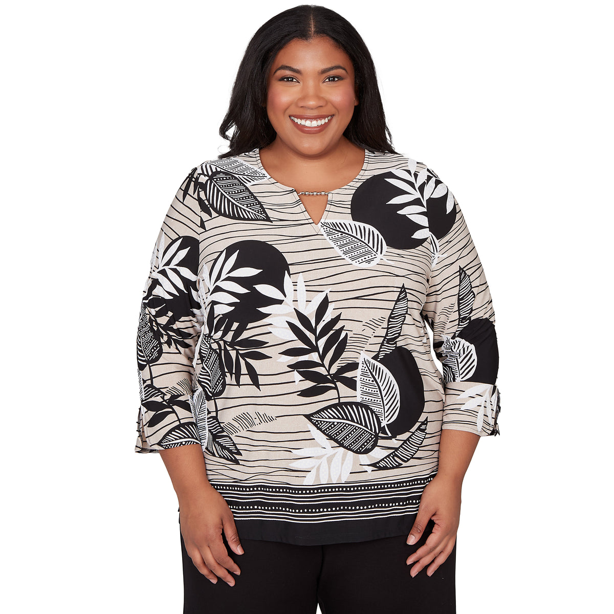 Dressbarn Premium | Alfred Dunner Tropical Leaf Border Print Split Neck Top, Plus