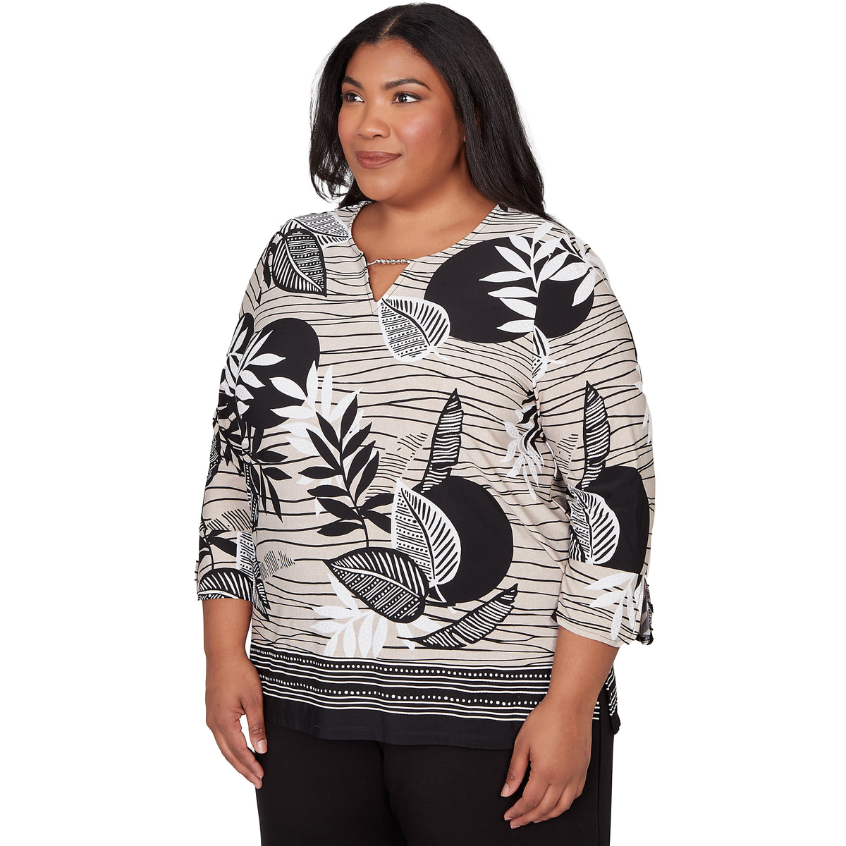 Dressbarn Premium | Alfred Dunner Tropical Leaf Border Print Split Neck Top, Plus