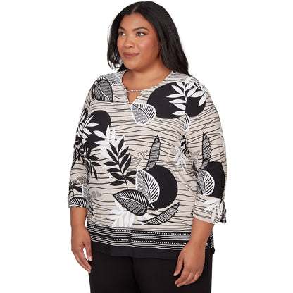 Dressbarn Premium | Alfred Dunner Tropical Leaf Border Print Split Neck Top, Plus