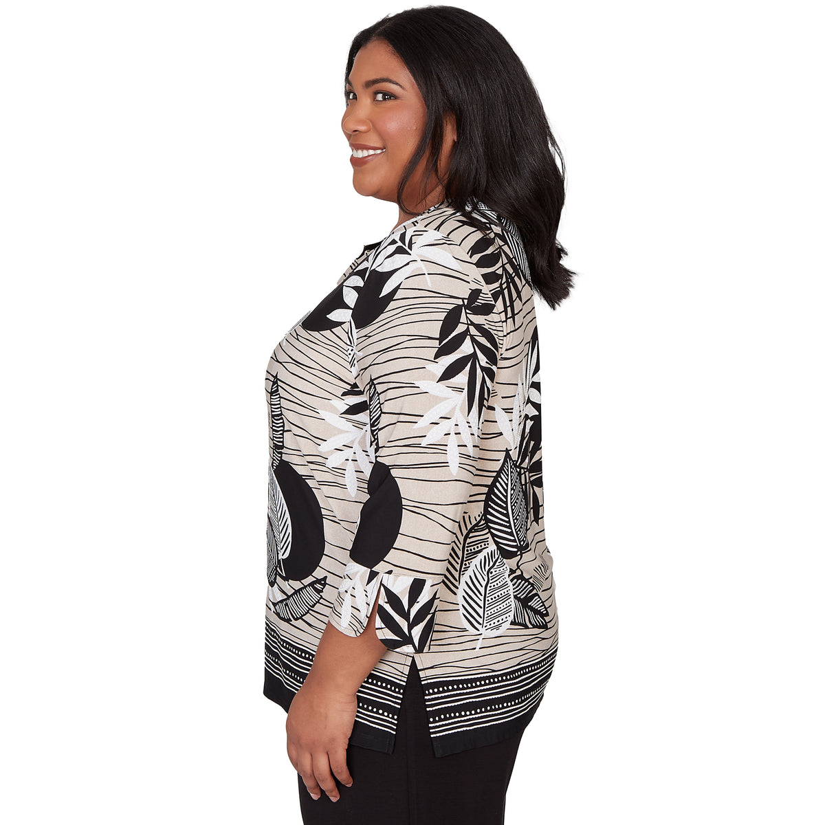 Dressbarn Premium | Alfred Dunner Tropical Leaf Border Print Split Neck Top, Plus