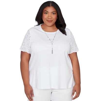 Dressbarn Trending | Alfred Dunner Solid Eyelet Sleeve Tee with Necklace, Plus