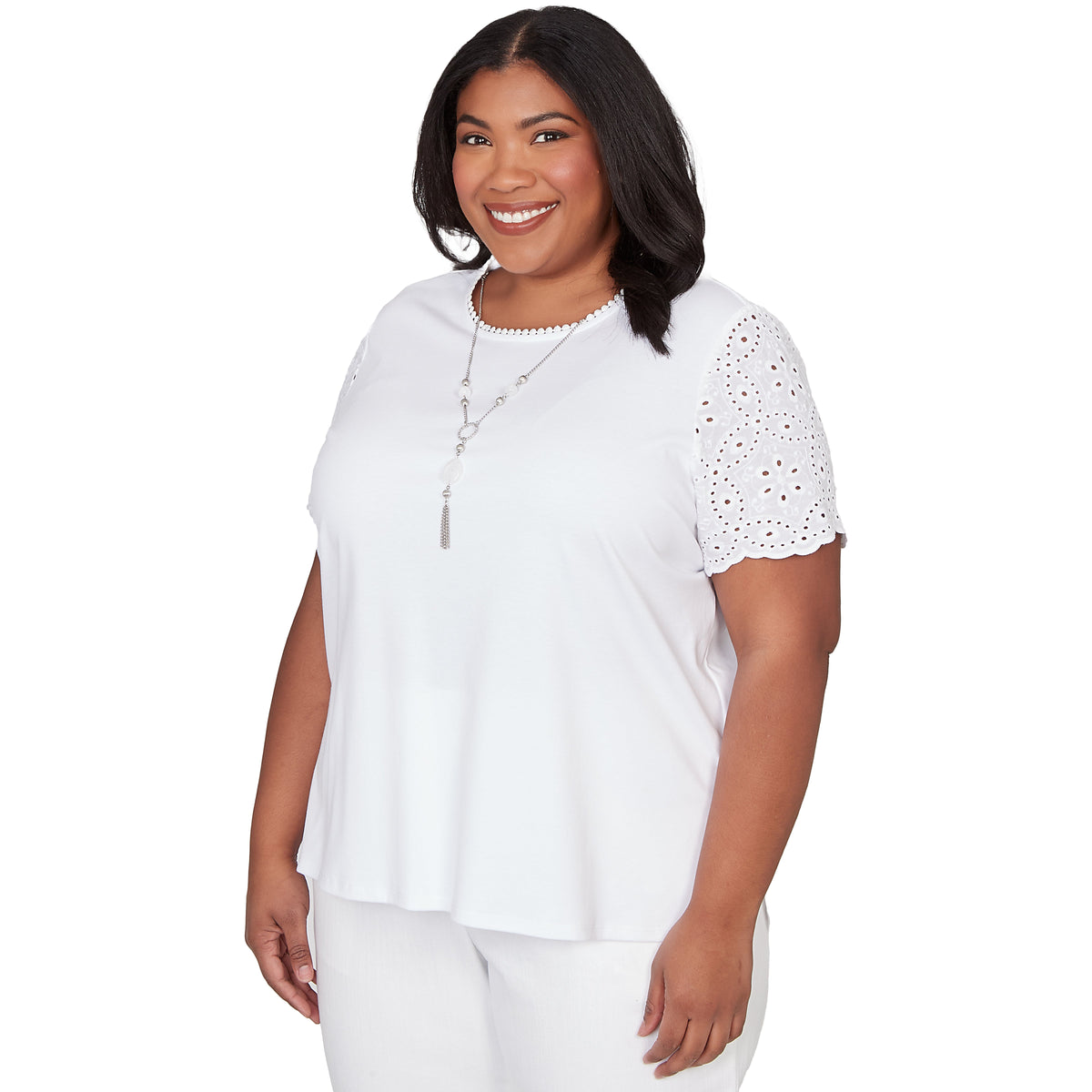 Dressbarn Trending | Alfred Dunner Solid Eyelet Sleeve Tee with Necklace, Plus