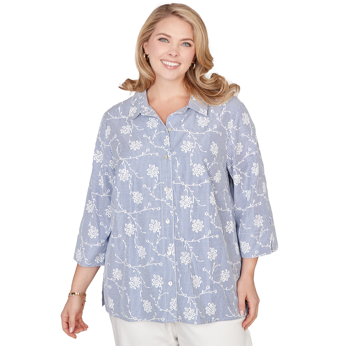 Dressbarn Best Seller | Alfred Dunner Puff Print Pinstripe Embroidered Button Down Top, Plus