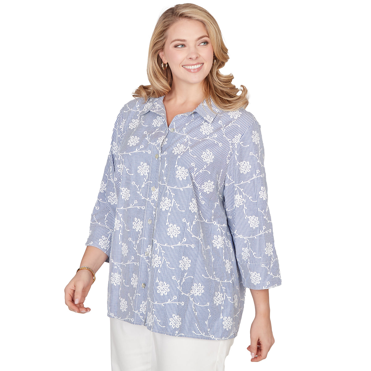 Dressbarn Best Seller | Alfred Dunner Puff Print Pinstripe Embroidered Button Down Top, Plus