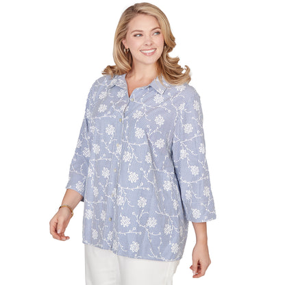 Dressbarn Best Seller | Alfred Dunner Puff Print Pinstripe Embroidered Button Down Top, Plus