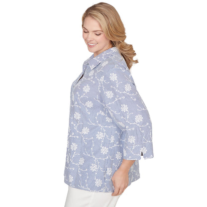 Dressbarn Best Seller | Alfred Dunner Puff Print Pinstripe Embroidered Button Down Top, Plus