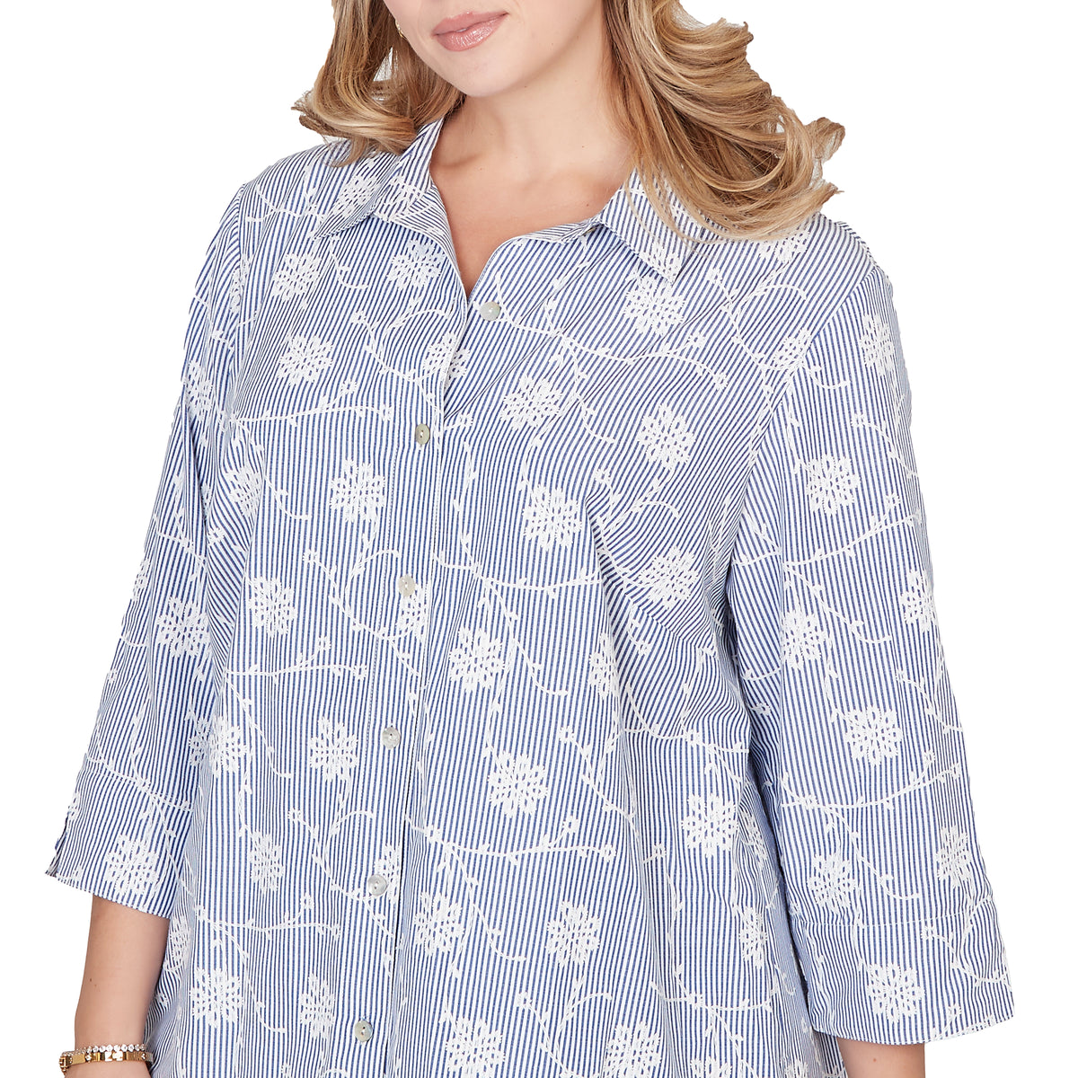 Dressbarn Best Seller | Alfred Dunner Puff Print Pinstripe Embroidered Button Down Top, Plus