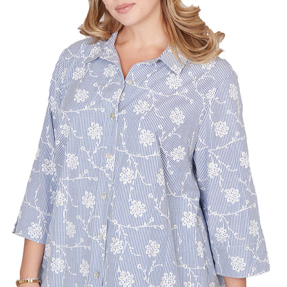 Dressbarn Best Seller | Alfred Dunner Puff Print Pinstripe Embroidered Button Down Top, Plus