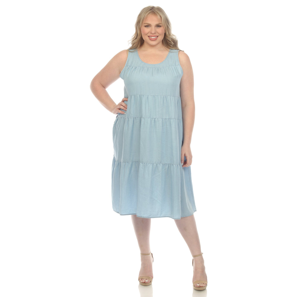 Dressbarn Popular | Sleeveless Tiered Chambray Midi Dress - Plus