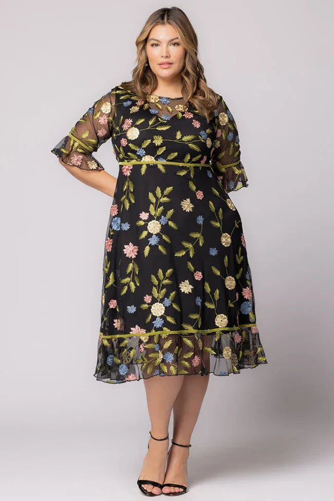Dressbarn Featured | Black Blossom Print Wildflower Embroidered Dress - Plus