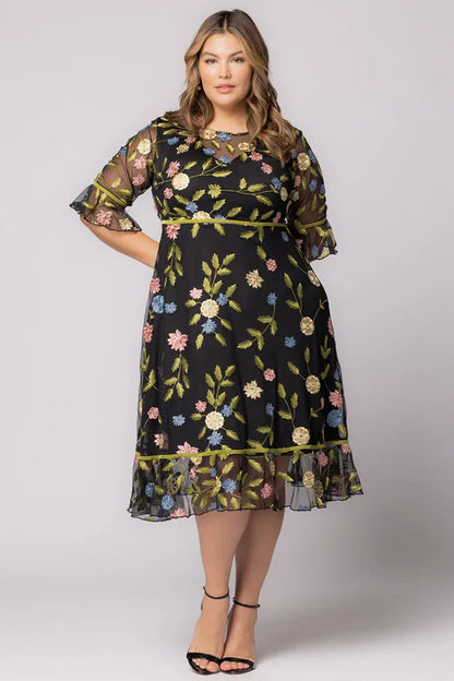 Dressbarn Featured | Black Blossom Print Wildflower Embroidered Dress - Plus