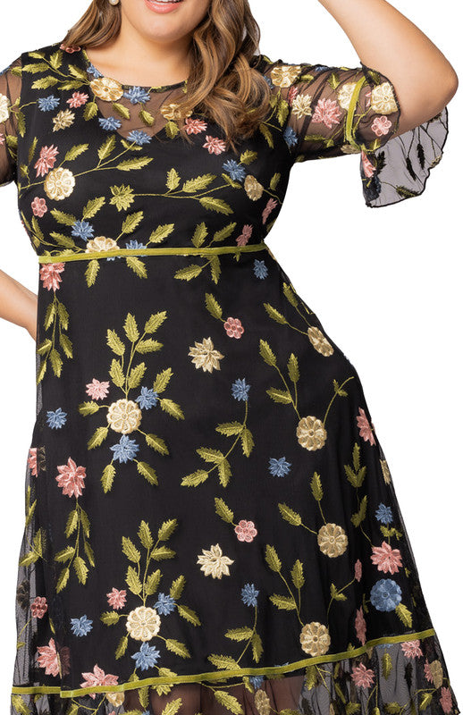 Dressbarn Featured | Black Blossom Print Wildflower Embroidered Dress - Plus