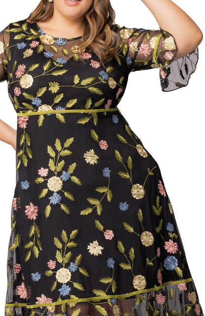 Dressbarn Featured | Black Blossom Print Wildflower Embroidered Dress - Plus