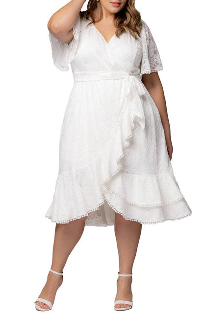 Dressbarn Popular | Palermo Lace Faux Wrap Cocktail Dress, White - Plus
