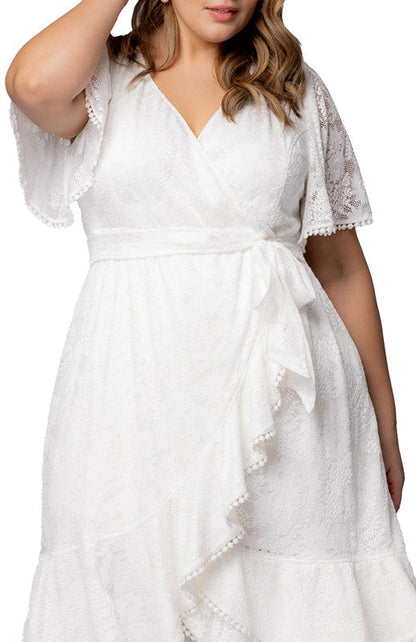 Dressbarn Popular | Palermo Lace Faux Wrap Cocktail Dress, White - Plus