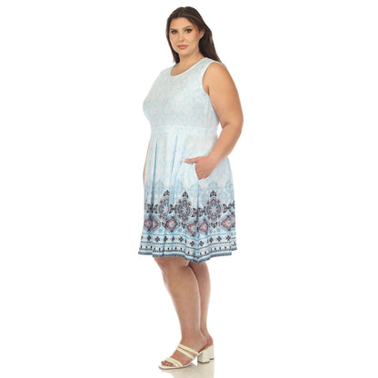 Dressbarn Trending | Blue Border Print Fit and Flare Knee Length Dress - Plus