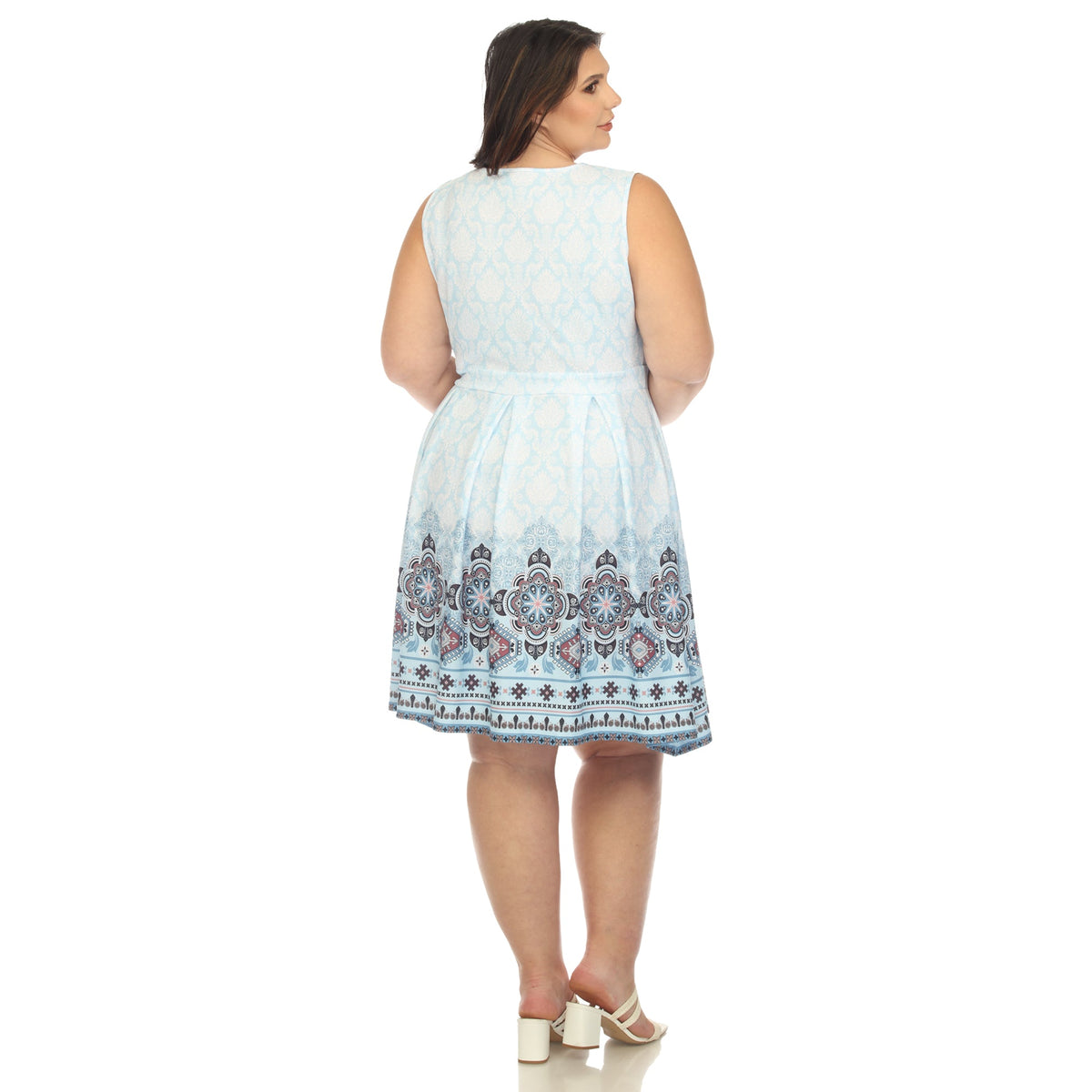 Dressbarn Trending | Blue Border Print Fit and Flare Knee Length Dress - Plus