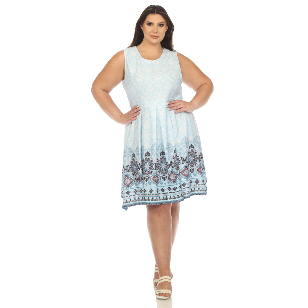 Dressbarn Trending | Blue Border Print Fit and Flare Knee Length Dress - Plus