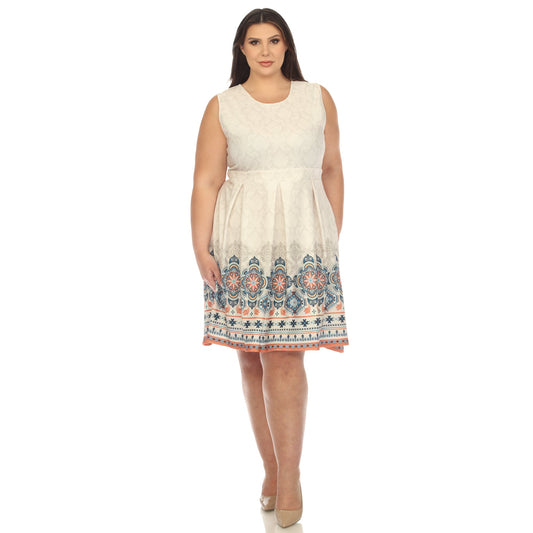 Dressbarn Best Seller | Beige Border Print Fit and Flare Knee Length Dress - Plus