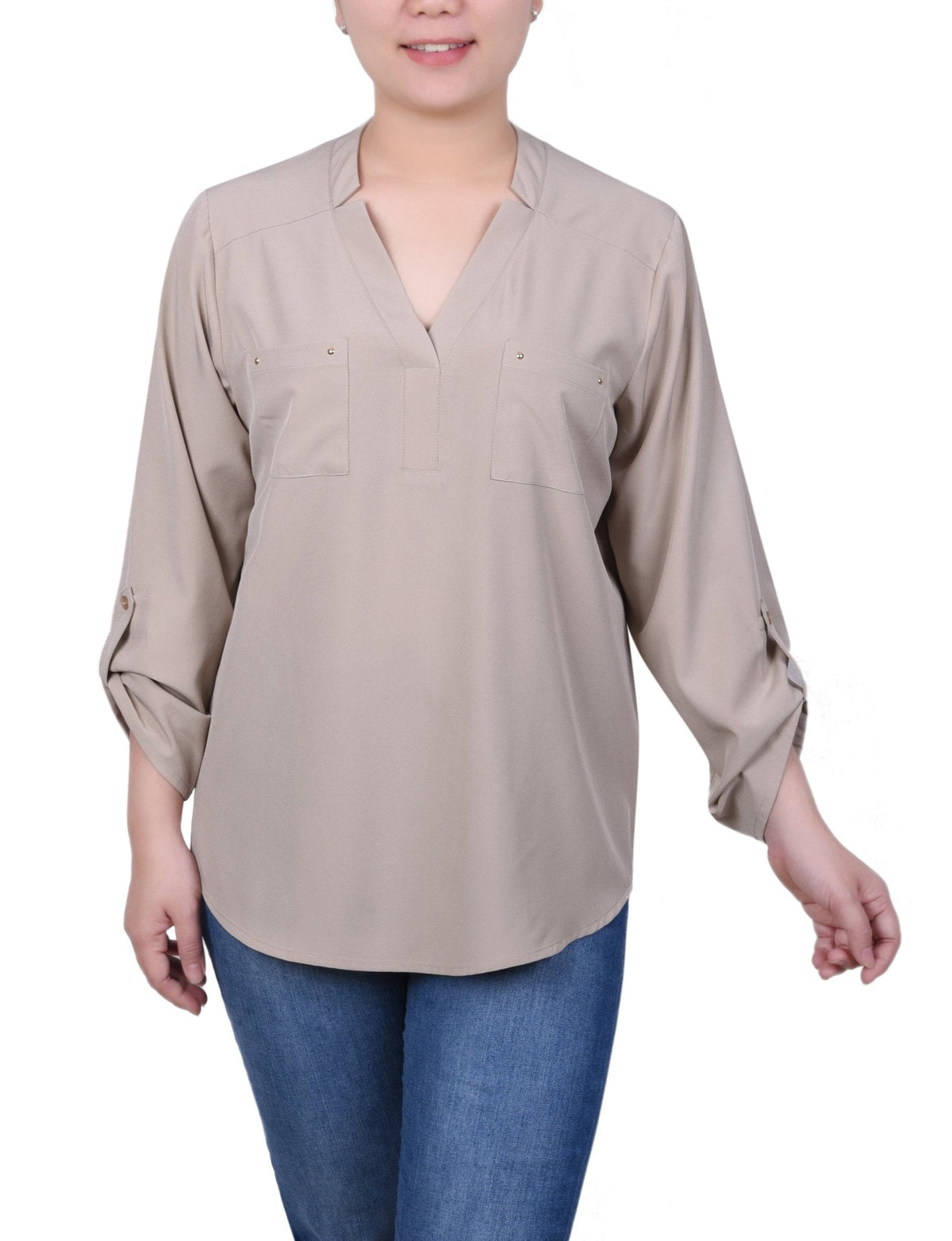 Dressbarn Popular | Roll Tab Sleeve Blouse with Pockets - Petite