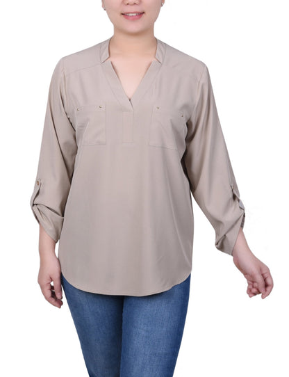 Dressbarn Popular | Roll Tab Sleeve Blouse with Pockets - Petite