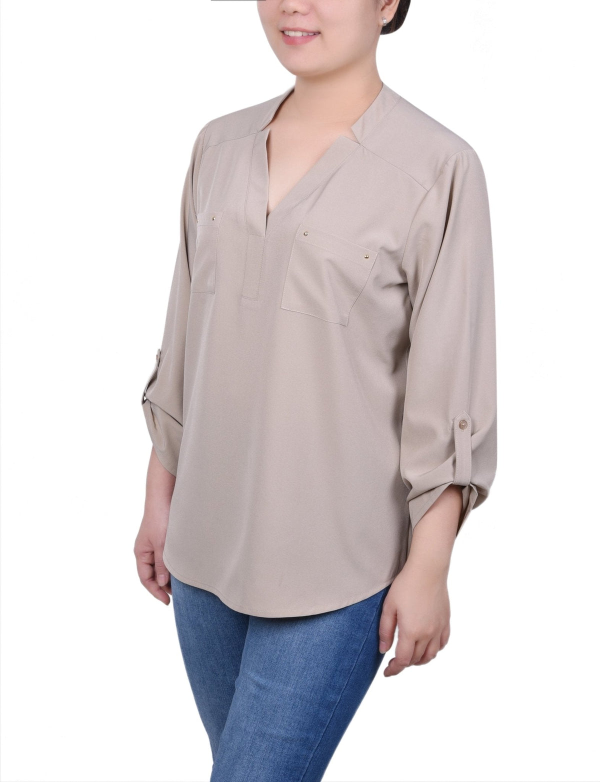 Dressbarn Popular | Roll Tab Sleeve Blouse with Pockets - Petite