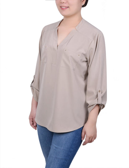Dressbarn Popular | Roll Tab Sleeve Blouse with Pockets - Petite