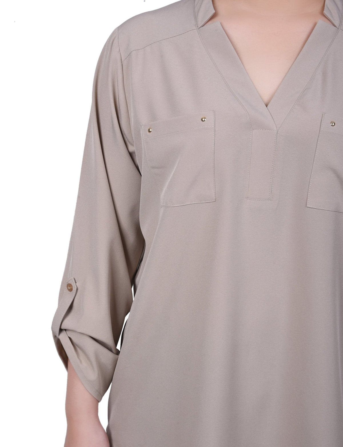 Dressbarn Popular | Roll Tab Sleeve Blouse with Pockets - Petite