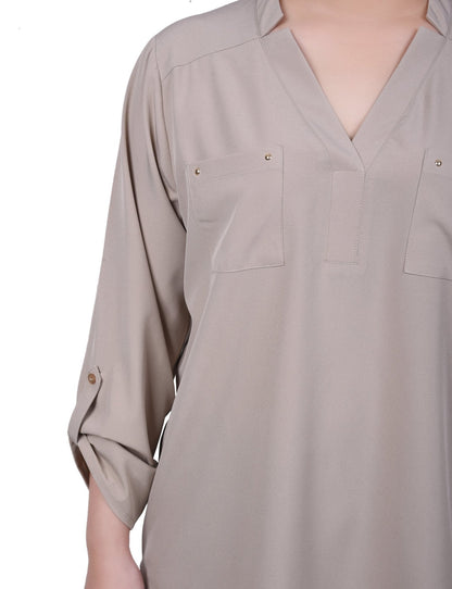 Dressbarn Popular | Roll Tab Sleeve Blouse with Pockets - Petite