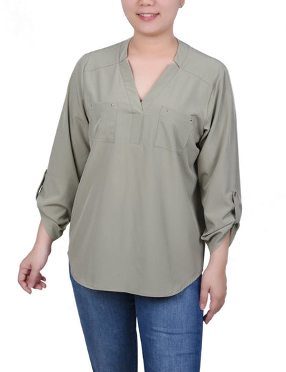 Dressbarn Popular | Roll Tab Sleeve Blouse with Pockets - Petite