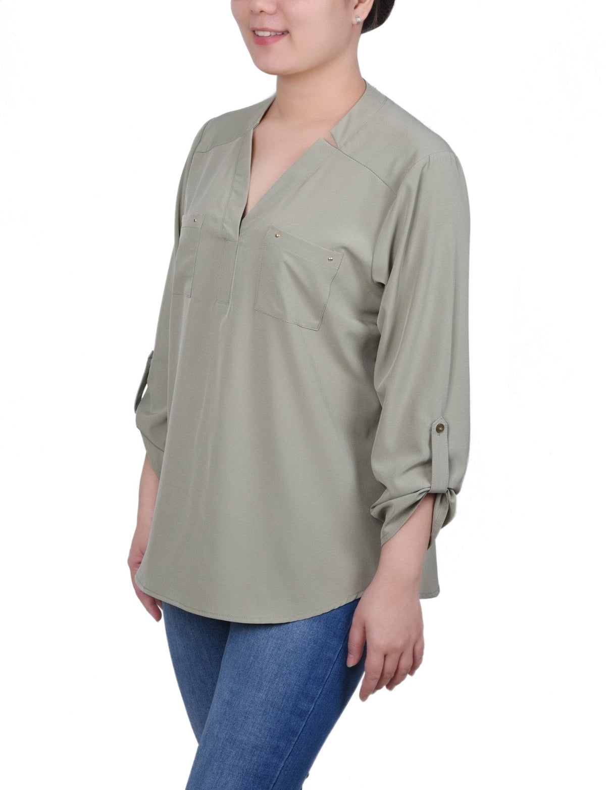 Dressbarn Popular | Roll Tab Sleeve Blouse with Pockets - Petite