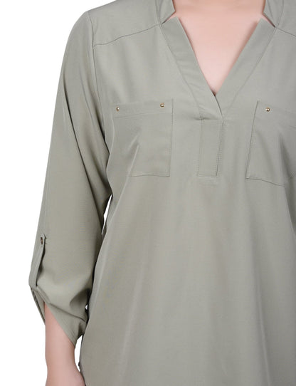 Dressbarn Popular | Roll Tab Sleeve Blouse with Pockets - Petite
