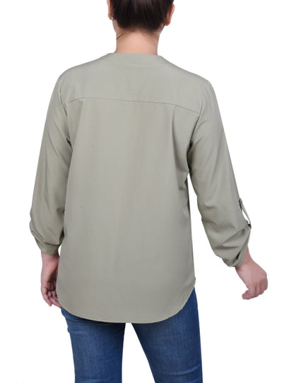 Dressbarn Popular | Roll Tab Sleeve Blouse with Pockets - Petite