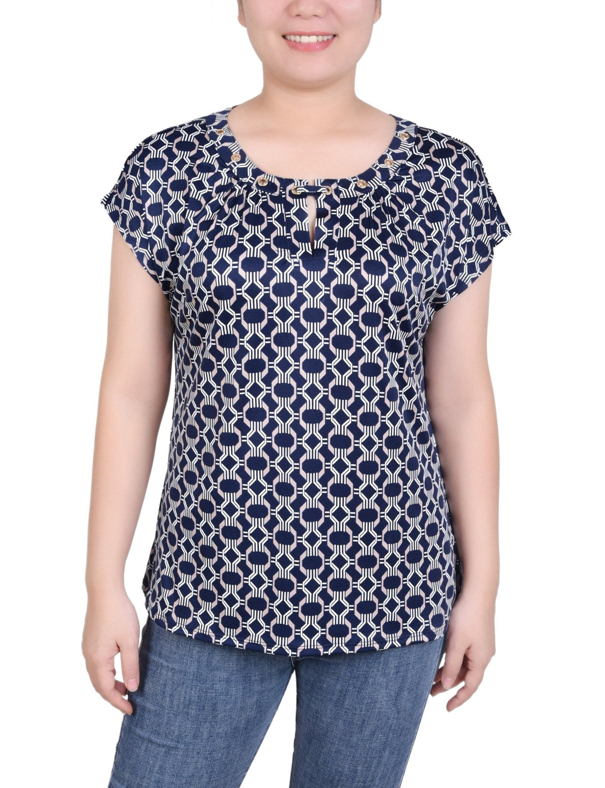 Dressbarn Featured | Short Extended-Sleeve Grommet Neck Knit Top - Petite