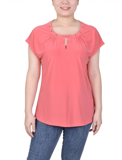 Dressbarn Featured | Short Extended-Sleeve Grommet Neck Knit Top - Petite
