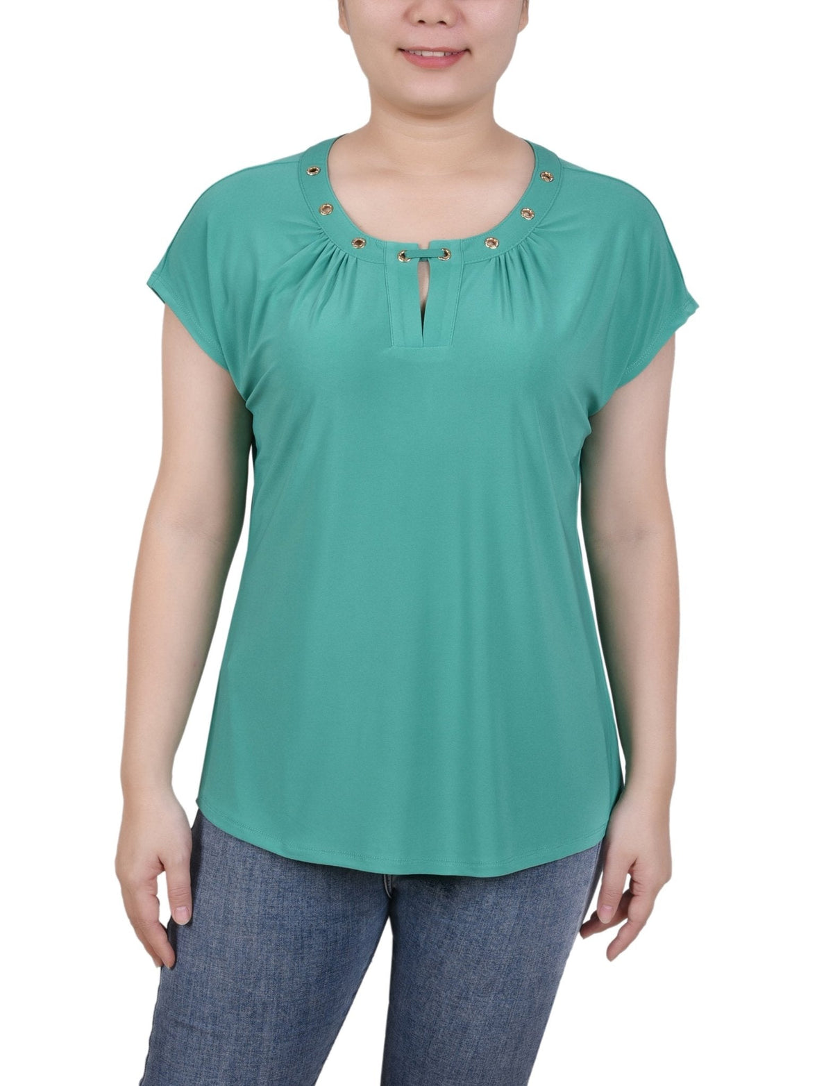 Dressbarn Featured | Short Extended-Sleeve Grommet Neck Knit Top - Petite