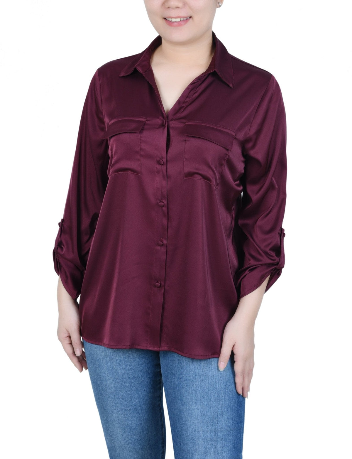 Dressbarn Popular | 3/4 Length Sleeve Roll Tab Satin Blouse - Petite