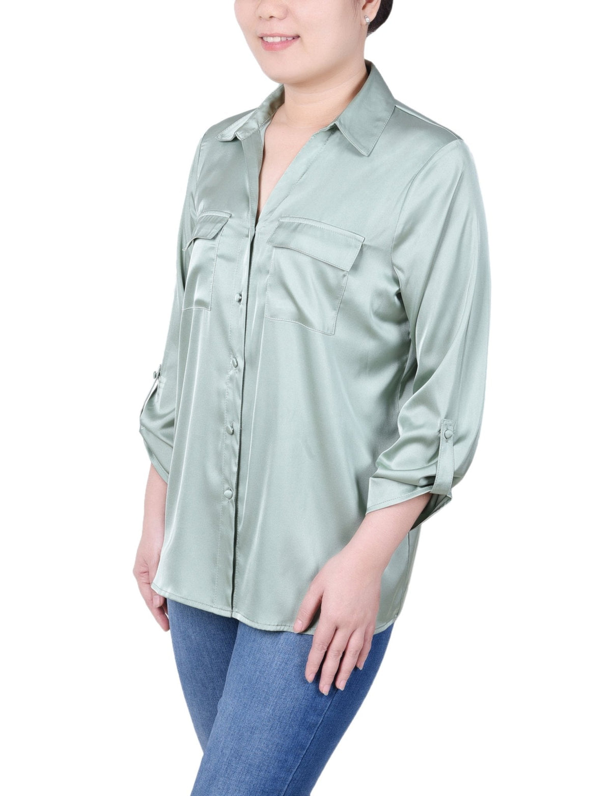 Dressbarn Popular | 3/4 Length Sleeve Roll Tab Satin Blouse - Petite