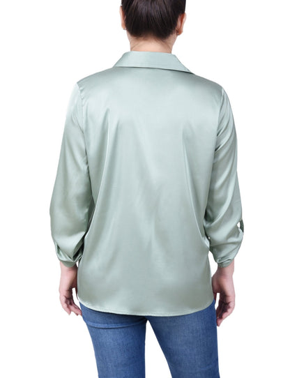 Dressbarn Popular | 3/4 Length Sleeve Roll Tab Satin Blouse - Petite