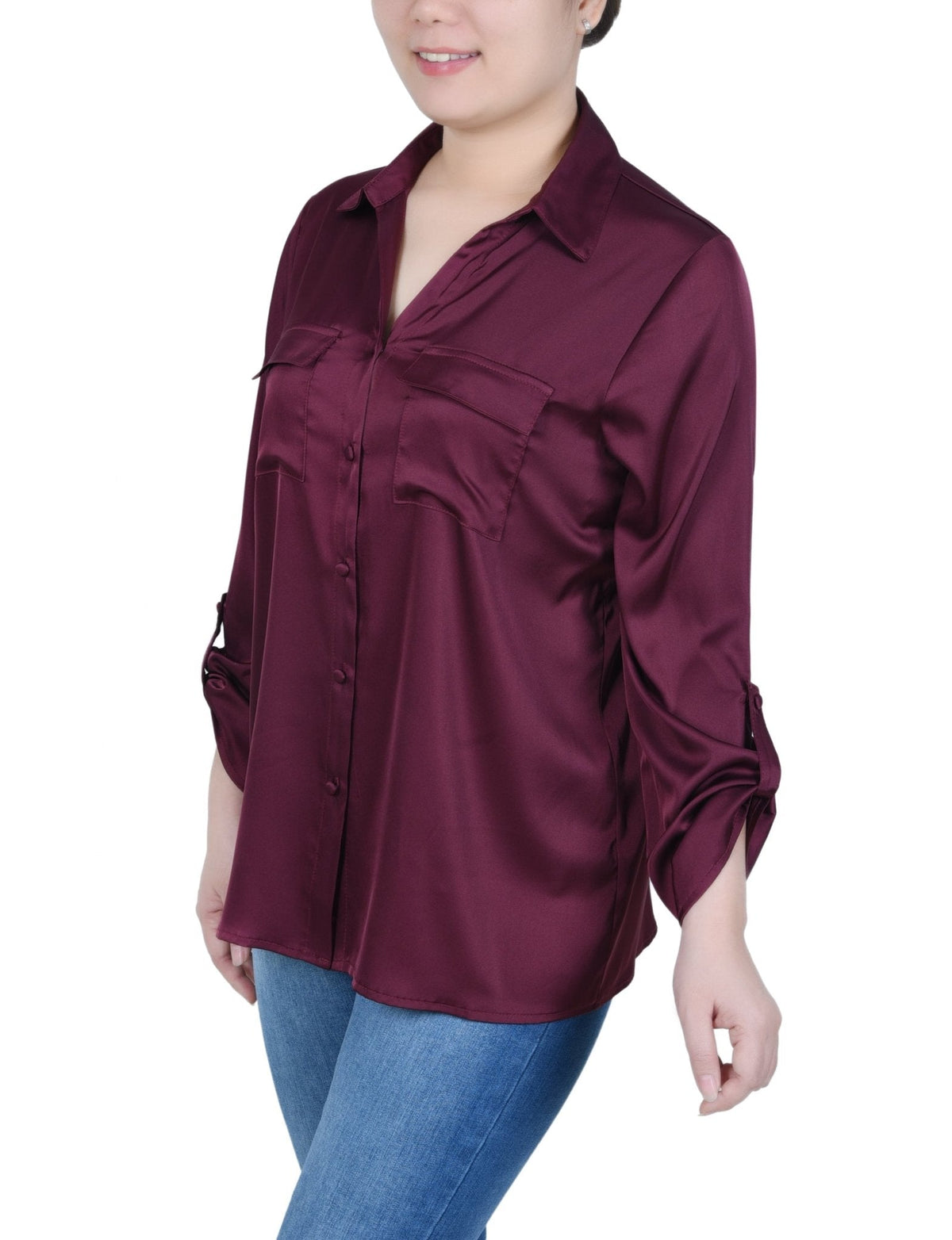 Dressbarn Popular | 3/4 Length Sleeve Roll Tab Satin Blouse - Petite