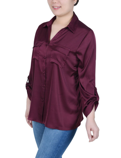Dressbarn Popular | 3/4 Length Sleeve Roll Tab Satin Blouse - Petite